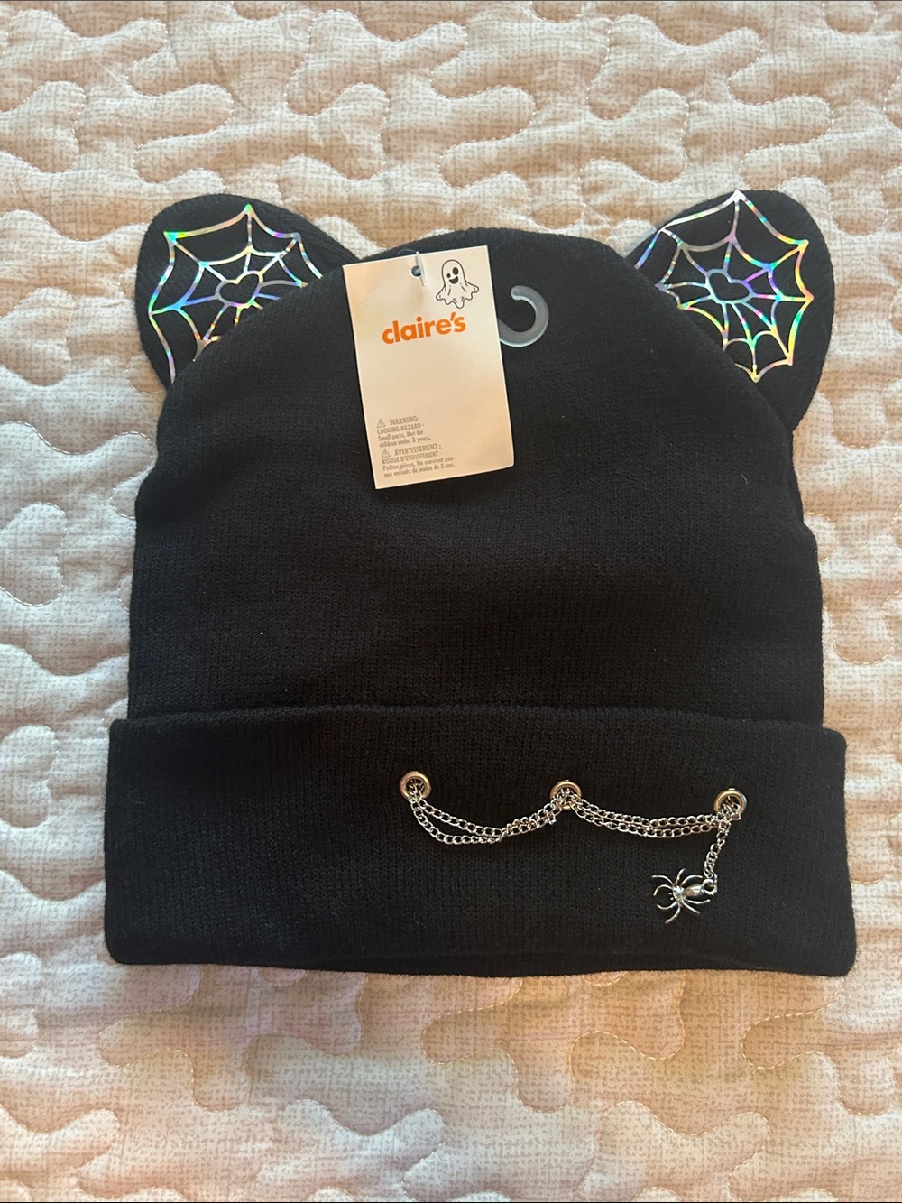 Claire's, Spiderweb Cat Ears Black Knit Beanie.